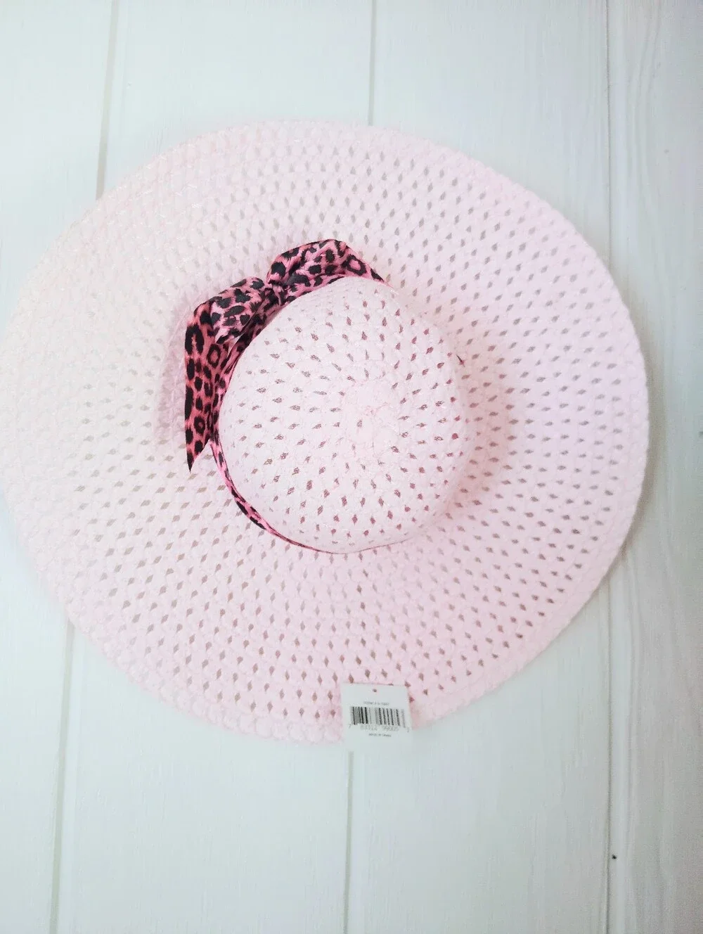 NWT!! Pink Wide-Brim Sun Hat with Leopard Bow
